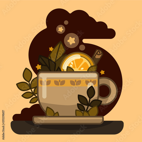A mug of tea or a mug of mulled wine. Lemon and cinnamon. Tea leaves, tea, cup.