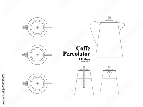 Cafetera precolador o percolator - planos tipo patente o dibujo analitico -White background