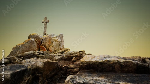 stone cross on the rock Beg Ar Groas photo