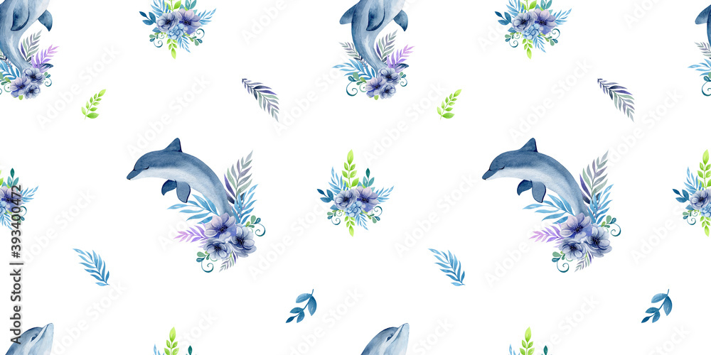 watercolor set pattern raccoon and dolphin friendship