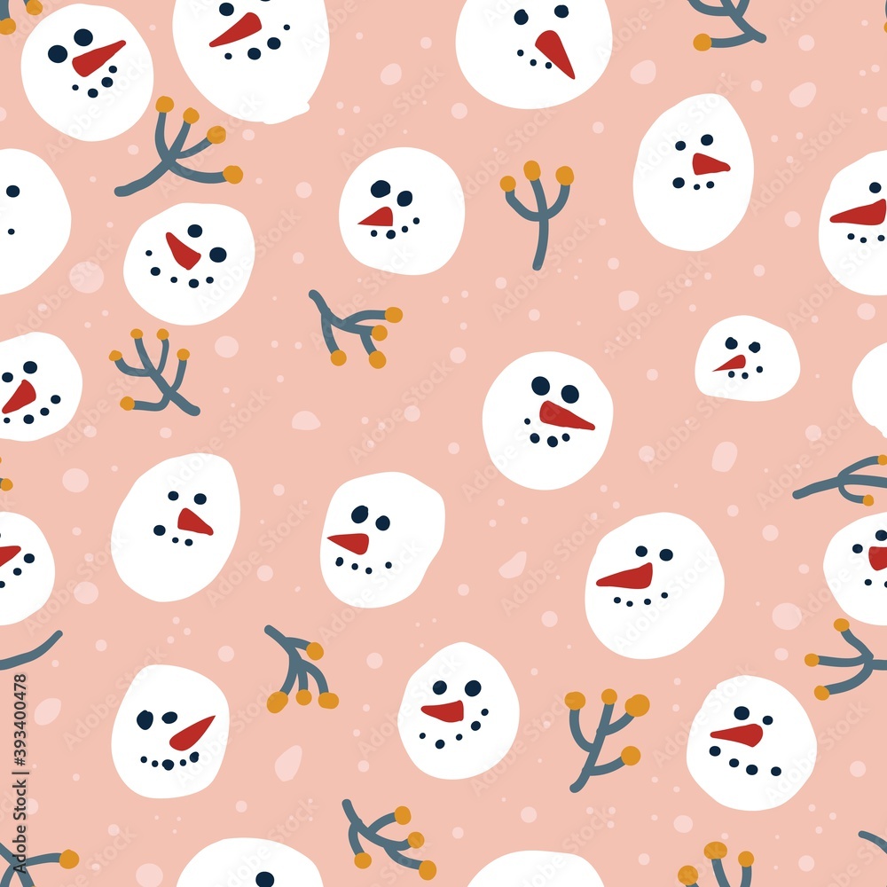 Snowmen christmas vector seamless pattern. Festive hand drawn illustration of cute cartoon snowmen faces. Snowmen christmas vector seamless pattern. Festive hand drawn illustration of cute cartoon snowmen faces.