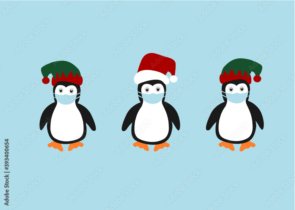 Fototapeta premium Cute penguins with Santa Claus hat and medical mask in the winter
