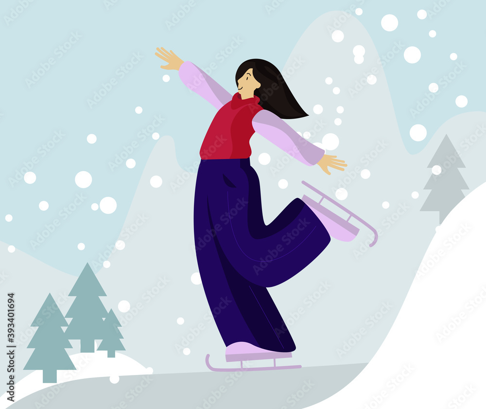 poster design dedicated to winter sports. Image of a young man on skates against the background of mountains and Christmas trees. Perfect for printing banners, business cards, postcards, invitations. poster design dedicated to winter sports. Image of a young man on skates against the background of mountains and Christmas trees. Perfect for printing banners, business cards, postcards, invitations.