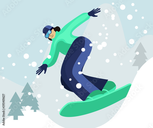 poster design dedicated to winter sports. Image of a young man in motion on a snowboard against the background of mountains and Christmas trees. Perfect for printing banners, business cards, postcards