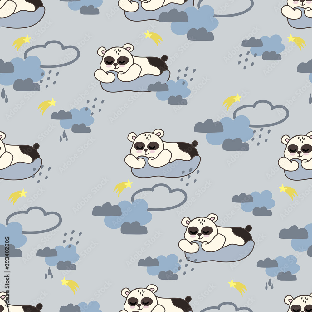 Seamless background with cute panda on a cloud. Decorative cute wallpaper for the nursery in the Scandinavian style. Suitable for children's clothing, interior design, packaging, printing. Seamless background with cute panda on a cloud. Decorative cute wallpaper for the nursery in the Scandinavian style. Suitable for children's clothing, interior design, packaging, printing.