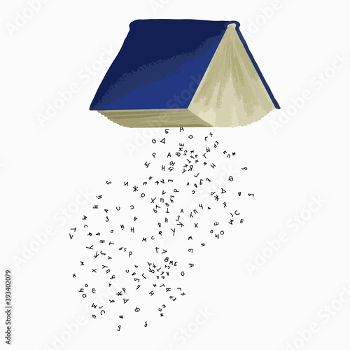 Colourful illustration of various letters pour out of the book. Vector illustration