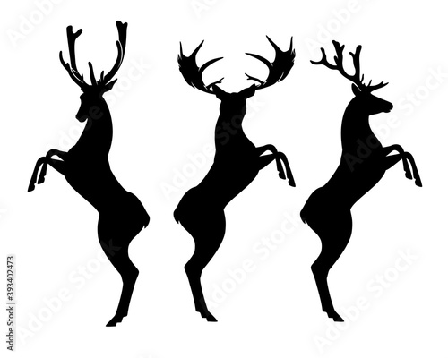 rearing up deer stag with beautiful antlers - black and white vector heraldic design silhouette set