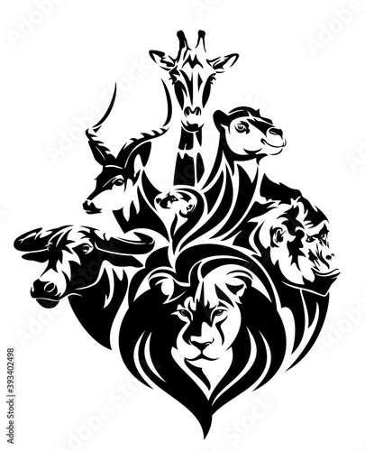 african wildlife black and white vector concept portrait - lion, antelope, buffalo, giraffe, camel and gorilla head outlines © Cattallina