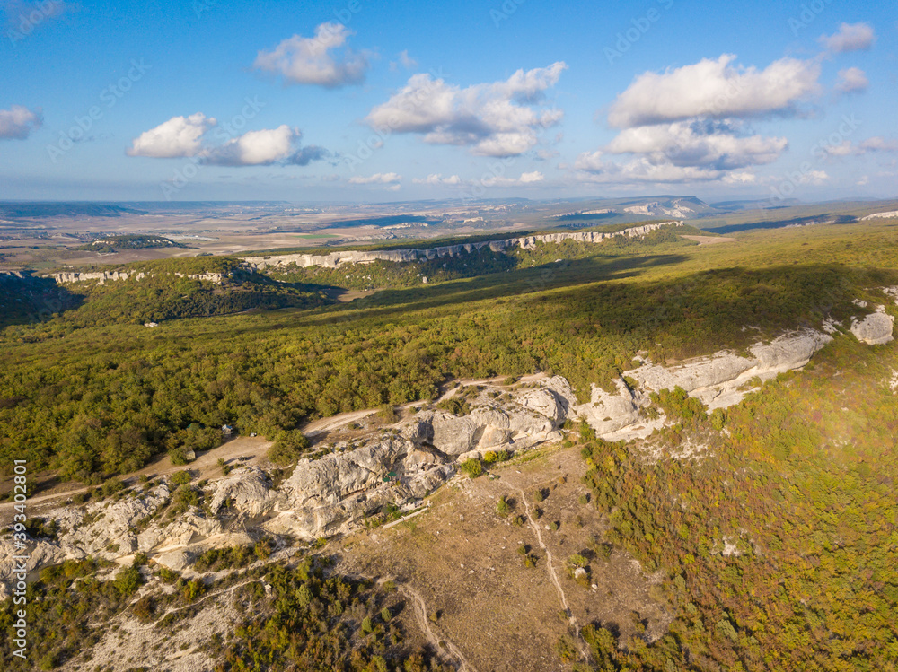 Aerial view to beautiful mountain landscape near the cave city Eski-Kermen, Crimea