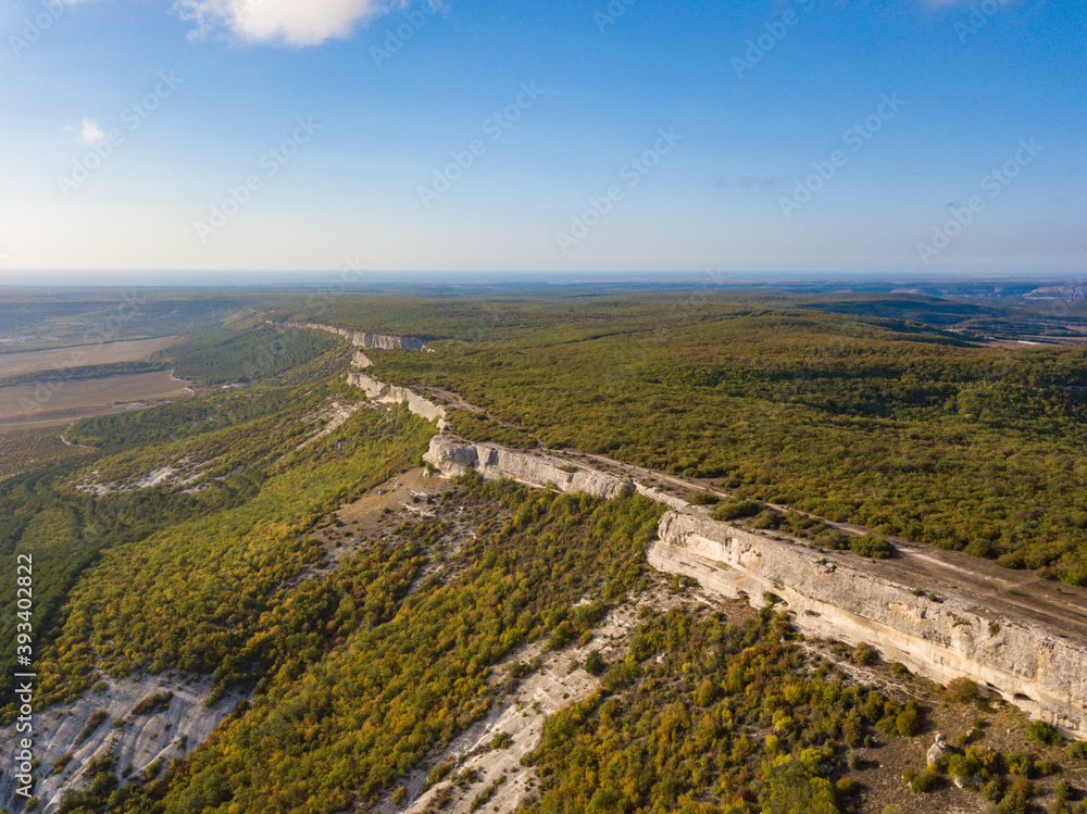 Aerial view to beautiful mountain landscape near the cave city Eski-Kermen, Crimea Aerial view to beautiful mountain landscape near the cave city Eski-Kermen, Crimea