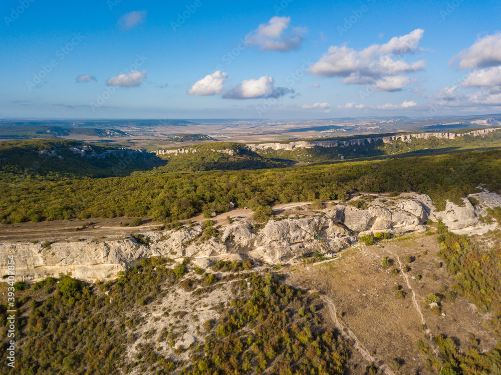 Aerial view to beautiful mountain landscape near the cave city Eski-Kermen, Crimea