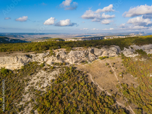 Aerial view to beautiful mountain landscape near the cave city Eski-Kermen, Crimea