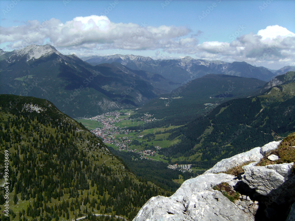 Via ferrata at high mountain lake Seebensee, Tajakopf mountain, Tyrol, Austria