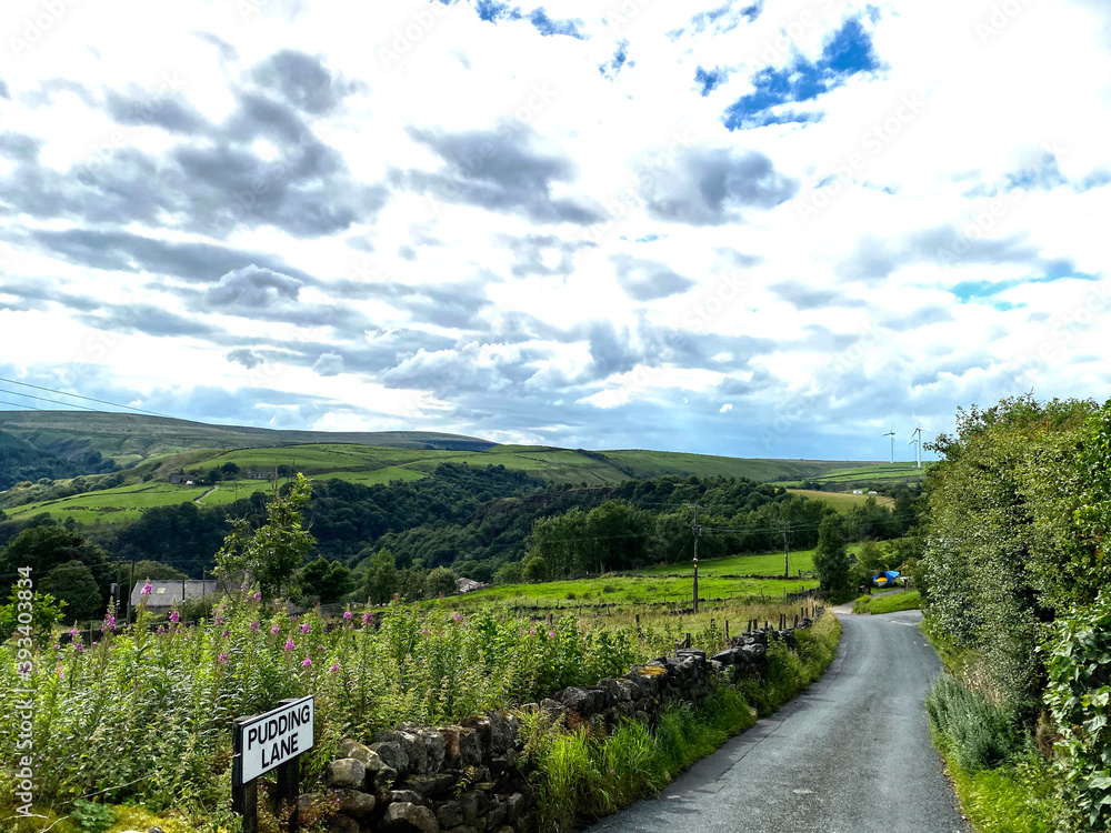 Looking down, Pudding Lane, with trees, farms, and hills in the