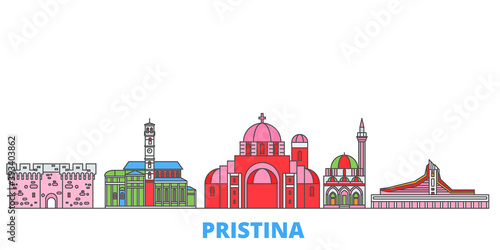 Kosovo, Pristina cityscape line vector. Travel flat city landmark, oultine illustration, line world icons