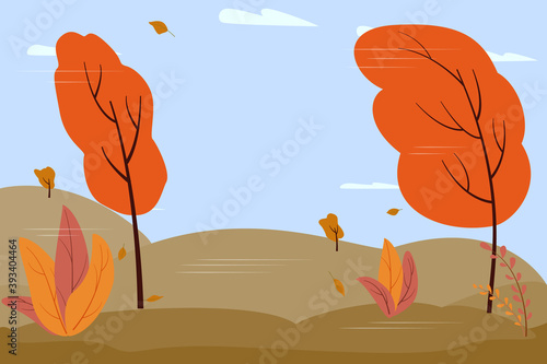 Autumn landscape - strong wind, leaves falling, trees bending, yellow and orange colors. Background for illustrations on the theme of autumn, sadness, bad weather. Vector in a flat style.