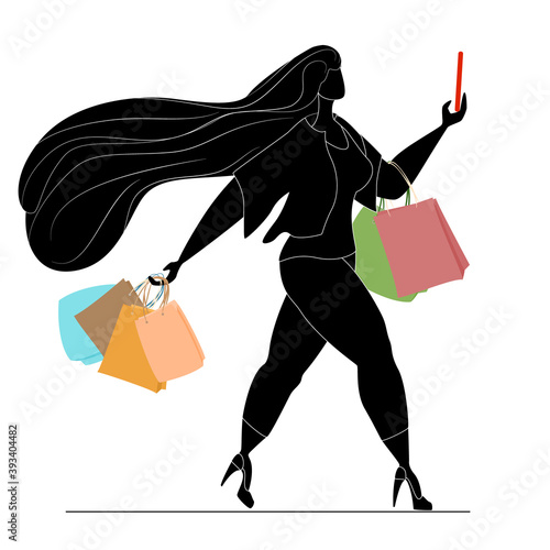 Black silhouette of a beautiful woman with purchases. Body positive, active lifestyle. Successful fat girl. Isolated on white vector in a flat style.