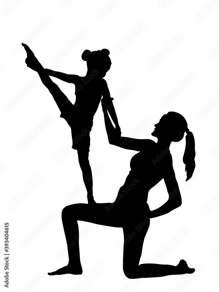 Isolated Silhouette, woman with child, yoga exercise, body posture
