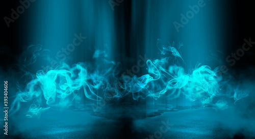 Dark street, neon light, smoke. Abstract dark background with neon glow, Wet asphalt, reflection on the water. Neon Rays and Lines.