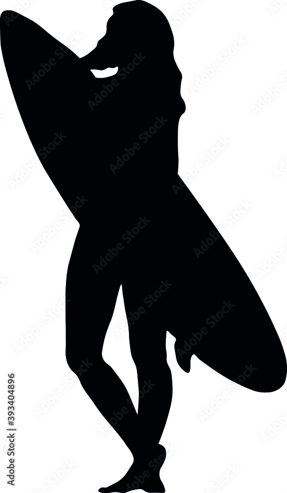Silhouette on a white background, woman, model pose, beautiful athletic body, surfing, surfboard Silhouette on a white background, woman, model pose, beautiful athletic body, surfing, surfboard
