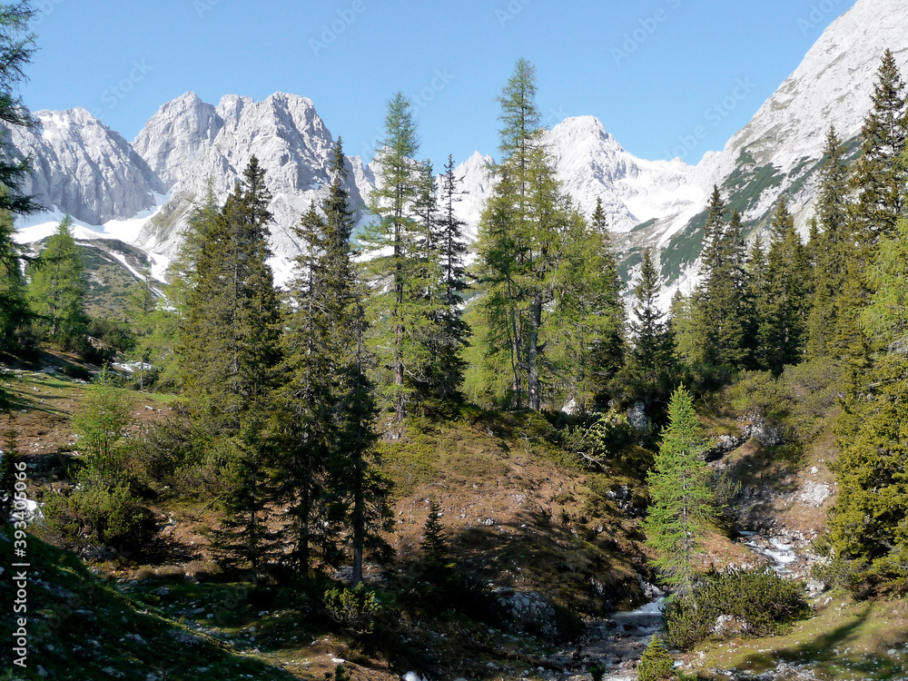 Via ferrata at high mountain lake Seebensee, Zugspitze mountain, Tyrol, Austria