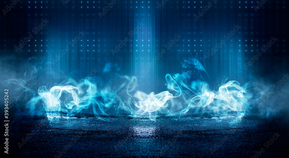 Obraz premium Dark street, neon light, smoke. Abstract dark background with neon glow, Wet asphalt, reflection on the water. Neon Rays and Lines.