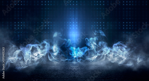 Dark street, neon light, smoke. Abstract dark background with neon glow, Wet asphalt, reflection on the water. Neon Rays and Lines.