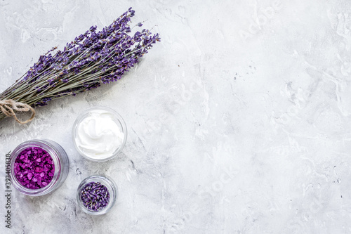 organic cosmetic with lavender salt on stone background top view mock up