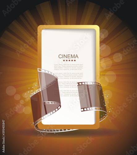 Old Cinema banner with film stripe roll. Vector cinema background.
