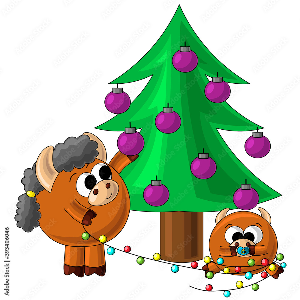 Obraz premium Cute cartoon baby bull, Christmas tree and garland