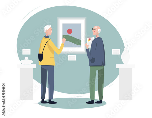 Senior social active lifestyle concept. Senior men visiting art gallery or museum exhibition. Vector flat illustration. Template design for poster, card, web, etc. 