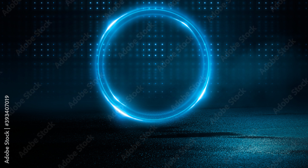 Neon circle. Dark street, neon light, smoke. Abstract dark background with neon glow, Wet asphalt, reflection on the water. Neon Rays and Lines. Neon circle. Dark street, neon light, smoke. Abstract dark background with neon glow, Wet asphalt, reflection on the water. Neon Rays and Lines.