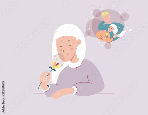 Young female character smelling flower and it evokes positive summer time romantic memories. Woman recalling happy scenes with beloved man. Flat vector illustration