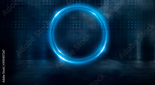 Neon circle. Dark street, neon light, smoke. Abstract dark background with neon glow, Wet asphalt, reflection on the water. Neon Rays and Lines.