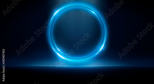 Neon circle. Dark street, neon light, smoke. Abstract dark background with neon glow, Wet asphalt, reflection on the water. Neon Rays and Lines.