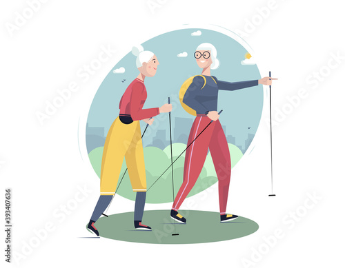 Senior social and sport active lifestyle concept. Senior women nordic walking on the city landscape background. Vector flat illustration. Template design for poster, card, web, etc. 