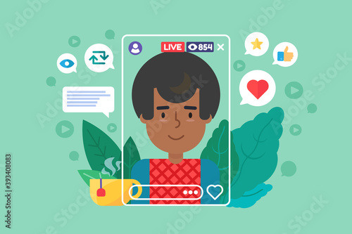 Afro american boy vlogger flat color vector character