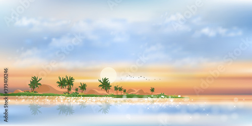 Tropical seascape sunset with blue ocean, coconut palm tree on island,Sea beach landscape with orange, yellow and blue sky,Vector  nature of landscape seaside in morning for Summer background
