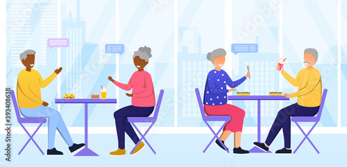 Cafeteria in nursing home or home for elderly concept. Diverse multiracial senior people eating, drinking and talking at cafe. Public catering for elderly friends. Flat cartoon vector illustration