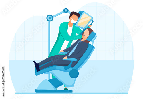 Medical insurance concept. Routine dental checkup. Dental procedure with patient, dentist checking teeth in dental office. Cartoon flat vector illustration isolated on white background