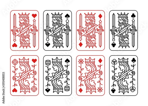 King and queen playing card vector illustration set of hearts, Spade, Diamond and Club in red and black color.