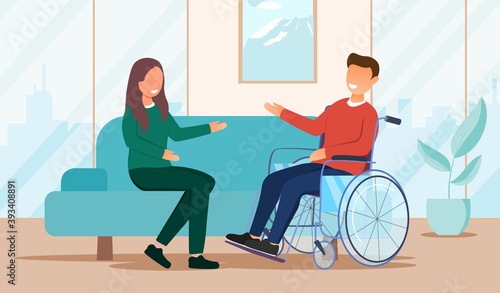 Psychological help for disabled people concept. Support for adaptation in society. Man in in wheelchair at psychologist consultation. Cartoon flat vector illustration with fictional characters