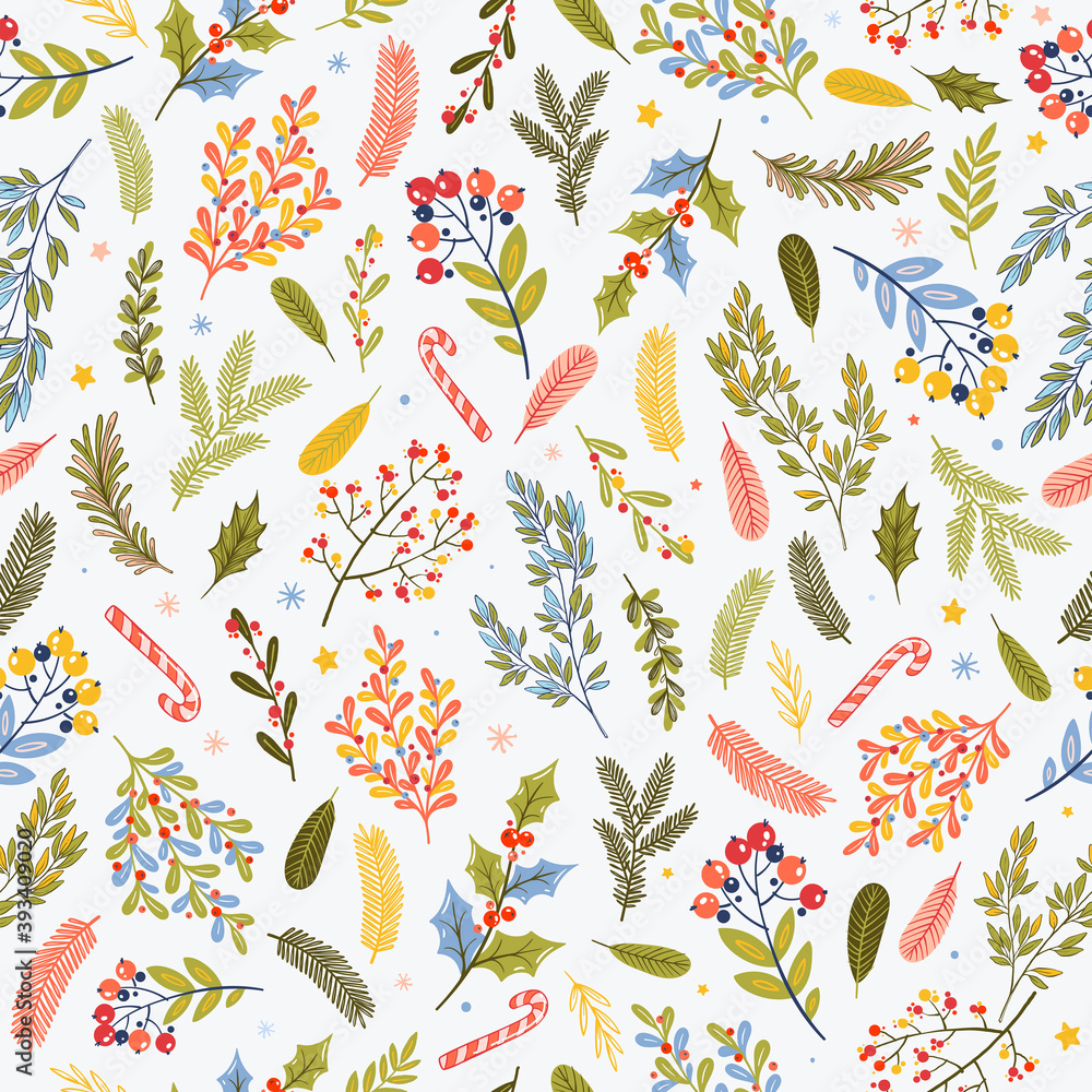 Naklejka premium Vector seamless christmas pattern with floral elements. Christmas plants drawn in doodle style. Vintage, holly, tree, spruce branch, berries