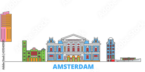 Netherlands, Amsterdam cityscape line vector. Travel flat city landmark, oultine illustration, line world icons