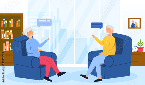 Senior couple resting at home. Happy elderly people talking, sitting in armchairs. Living room interior. Flat cartoon vector illustration with fictional chatacter. Spending time together.