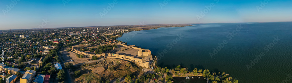 Air panorama of Medieval Akkerman fortress at sunny day  in Belgorod Dnestrovsky, Ukraine.