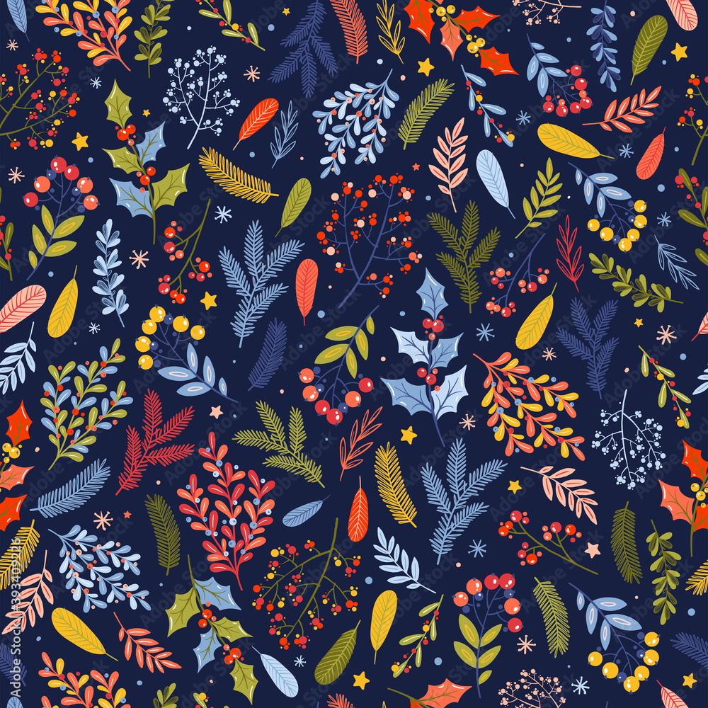 Vector seamless christmas pattern with floral elements. Christmas plants drawn in doodle style. Vintage, holly, tree, spruce branch, berries Vector seamless christmas pattern with floral elements. Christmas plants drawn in doodle style. Vintage, holly, tree, spruce branch, berries