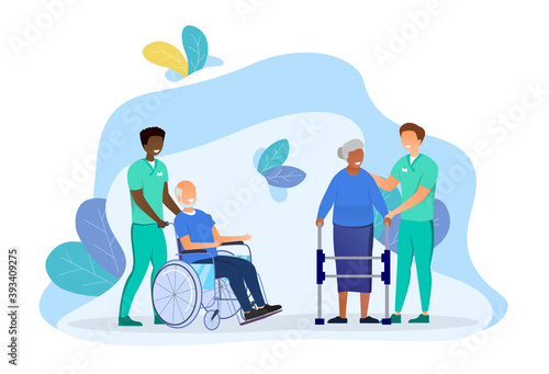 Elderly people care. Concept of senior man and woman with assistive devices and nurses helping them. Cartoon flat vector illustration with fictional characters isolated on white background