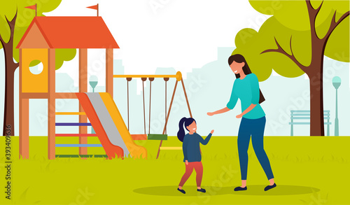 Yong woman and little girl resting. They are playing outdoors. Mother and little daughter spending time together, having fun on playground in green city park. Flat cartoon vector illustration