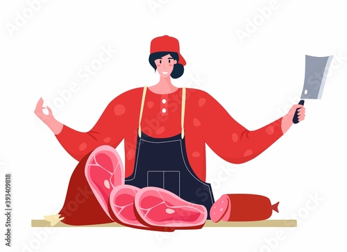 Butcher woman. Female profession. Feminism. Fresh meat and meat products Meat market worker. Isolated vector illustration